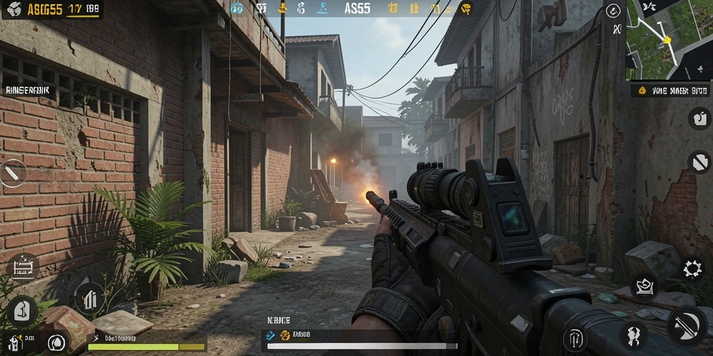 Screenshot gameplay ASG55 dengan aksi menegangkan di medan perang.