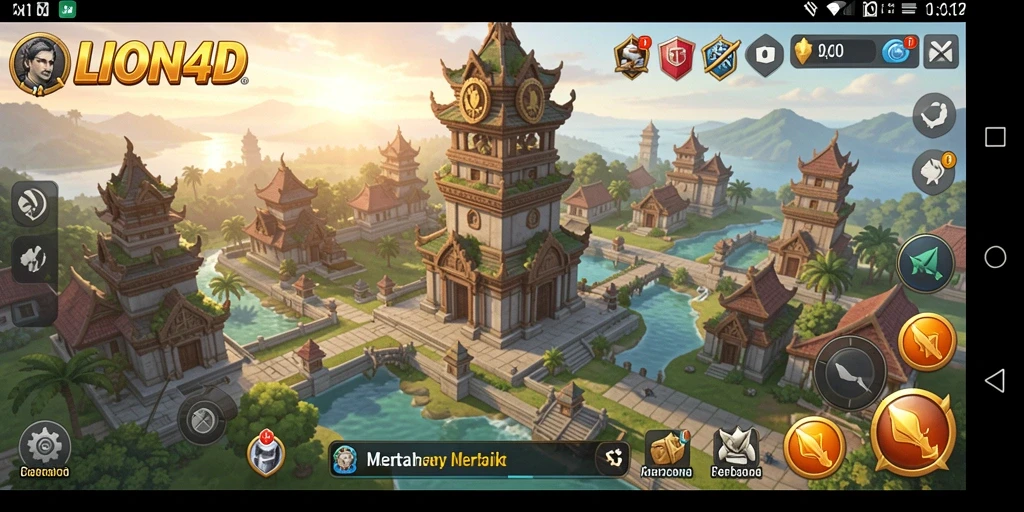 Screenshot gameplay LION4D menampilkan aksi pertahanan menara yang intens.