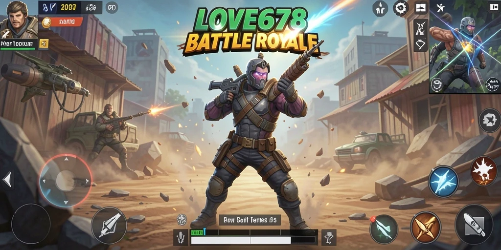 Tangkapan layar utama LOVE678 menampilkan pertempuran dinamis dalam arena Battle Royale.