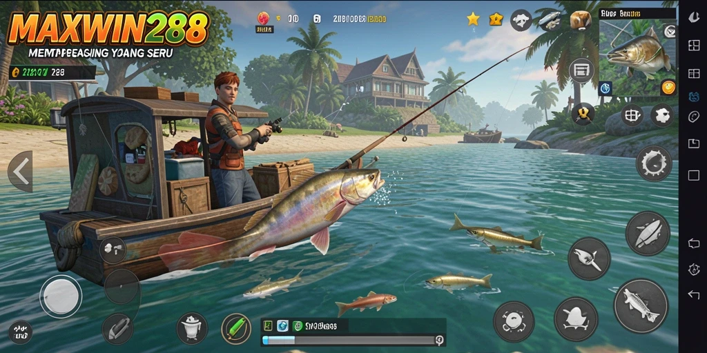 Tampilan gameplay seru dalam MAXWIN288 saat memancing ikan besar.