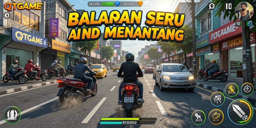 Screenshot QTGAME menampilkan balapan mendebarkan dengan mobil cepat dan lintasan yang menantang.