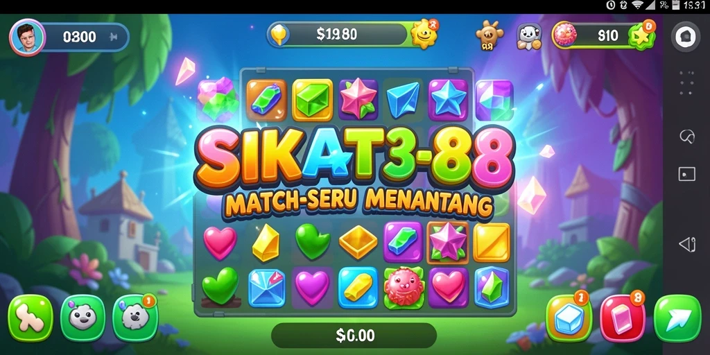 Tampilan gameplay SIKAT88 dengan elemen Match-3 yang cerah.
